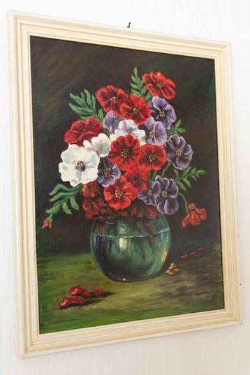 Schilderij met bloemen in vaas, ingelijst beschikbaar voor biedingen