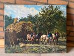 Schilderij 4 paarden hooiwagen akkerland - W.H. Aberson 1944, Ophalen of Verzenden