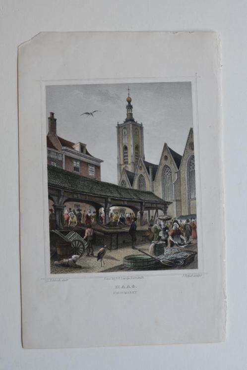 DEN HAAG VISMARKT Ooievaars Terwen Staalgravure 1858 GT1, Antiek en Kunst, Kunst | Etsen en Gravures, Verzenden