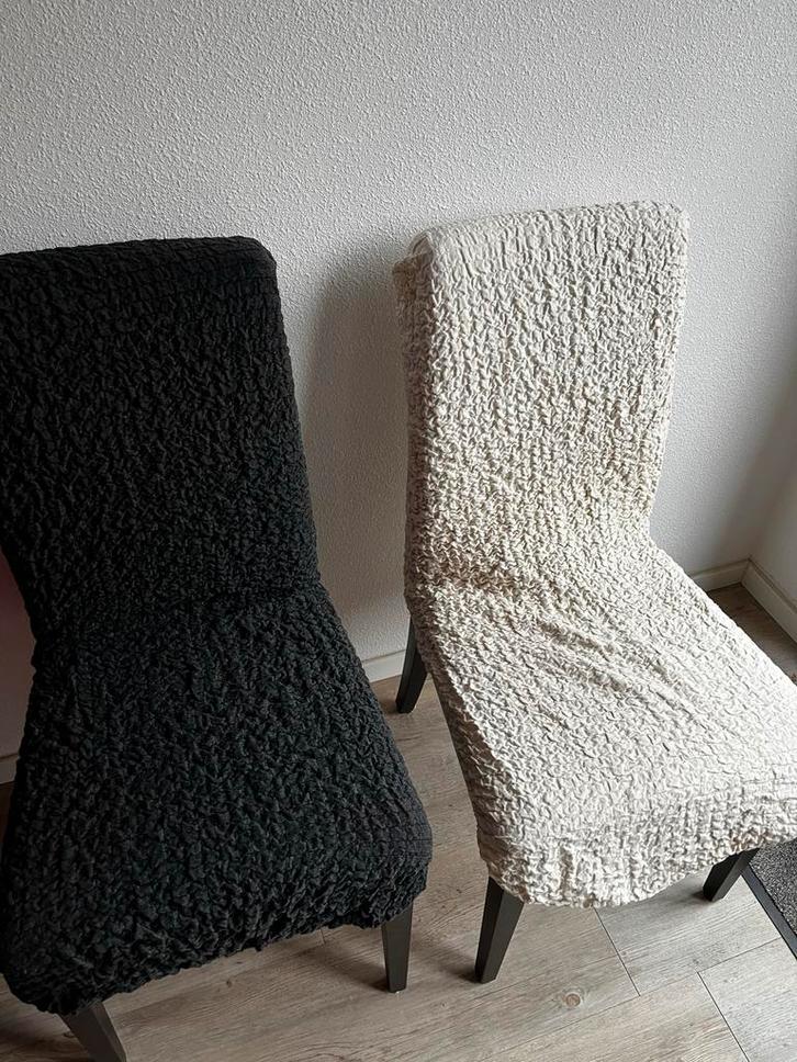 6 Ribbelstof Stoelhoezen - Creme & Zwart/Grijs, Huis en Inrichting, Stoelen, Gebruikt, Vijf, Zes of meer stoelen, Stof, Wit, Ophalen