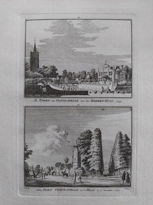 33,34 / Toren , Heerenhuis en Dorp Oostkapelle Kopergravure, Antiek en Kunst, Kunst | Etsen en Gravures, Ophalen of Verzenden