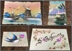 4 antieke celluloïd ansichtkaarten handbeschilderd, Verzenden, Voor 1920