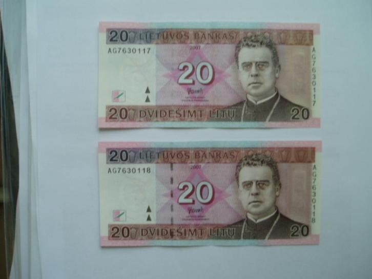 1589. Lithuania, 2 X 20 litu 2007 UNC Maciulis-Maironis., Postzegels en Munten, Bankbiljetten | Europa | Niet-Eurobiljetten, Setje