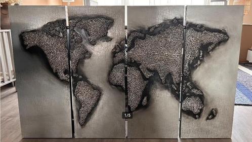 Wereldkaart schilderij zilver met 3D effect, Huis en Inrichting, Woonaccessoires | Schilderijen, Tekeningen en Foto's, Zo goed als nieuw