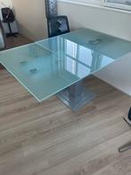 Glazen Uitschuifbare Eettafel met Metalen Poot, Huis en Inrichting, Ophalen, Gebruikt, 100 tot 150 cm, Vierkant