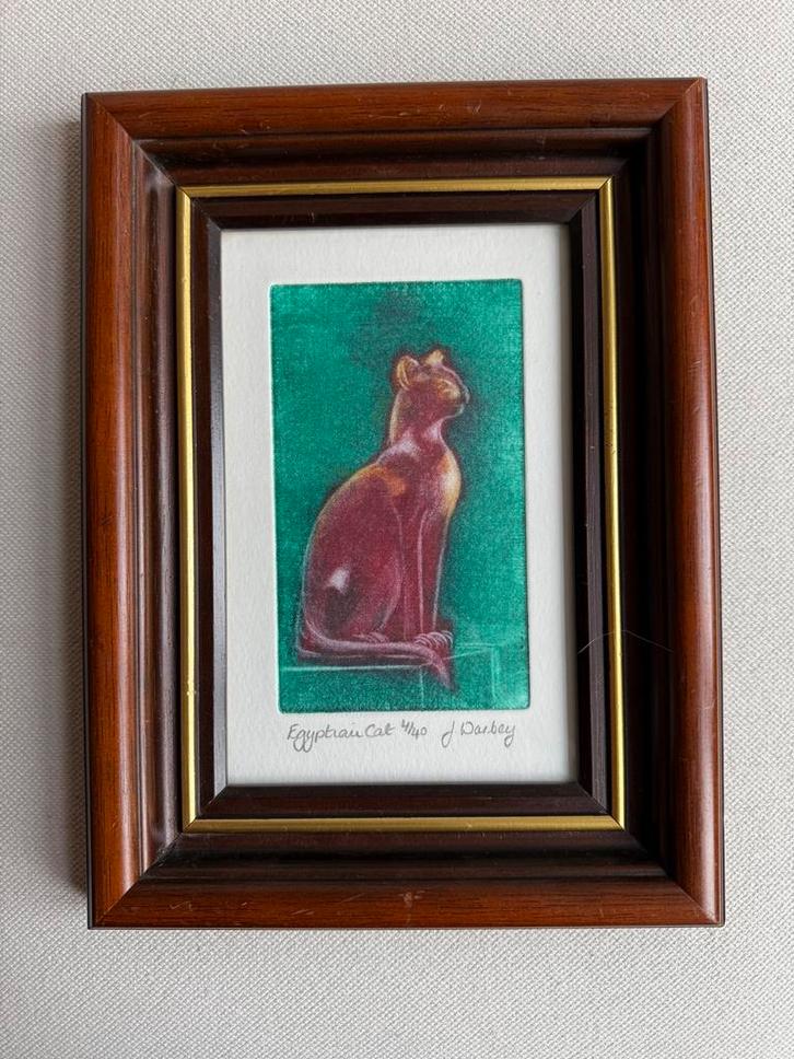 Orginele kleurenets Egyptische kat, J.Darbey, 4/40,ingelijst, Antiek en Kunst, Kunst | Etsen en Gravures, Ophalen of Verzenden