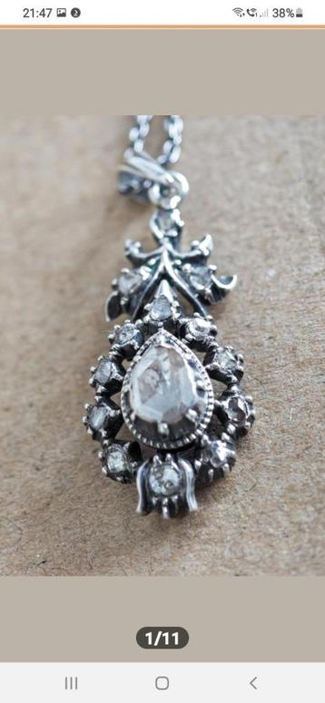 ZILVER - ANTIEKE KETTING m. HANGER ; ROOSDIAMANTEN  14 X beschikbaar voor biedingen