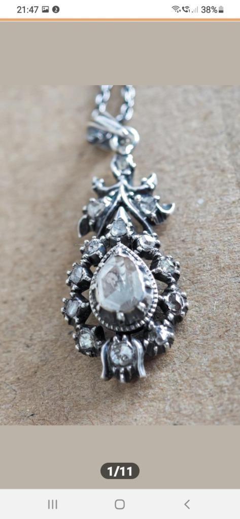 ZILVER - ANTIEKE KETTING m. HANGER ; ROOSDIAMANTEN  14 X, Sieraden, Tassen en Uiterlijk, Kettinghangers, Gebruikt, Zilver, Zilver