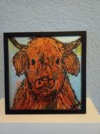 Schilderijtje Schotse Hooglander acryl 20x20 zwarte lijs, Ophalen of Verzenden