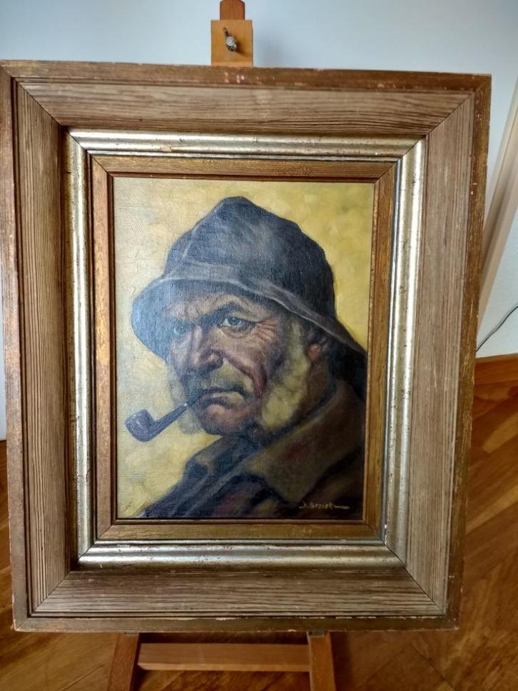 vissers Man met zuidwester aan in mooie dikke lijst, Antiek en Kunst, Kunst | Schilderijen | Klassiek, Ophalen of Verzenden