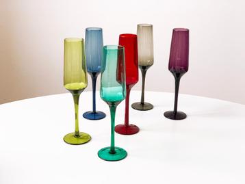 6x Vintage glas handgeblazen champagneglazen retro