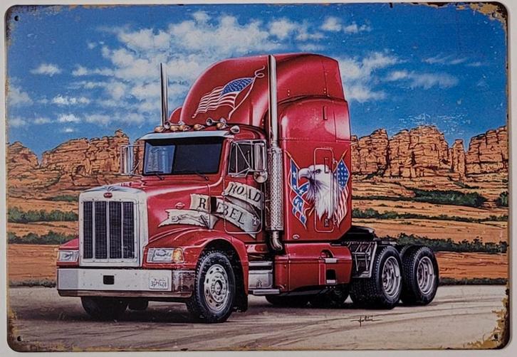 Rebel rode vrachtwagen truck reclamebord van metaal deco, Huis en Inrichting, Woonaccessoires | Wanddecoraties, Nieuw, Ophalen of Verzenden