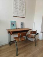 Vintage industrieel schoolbankje, lessenaar, Huis en Inrichting, Bureaus, Ophalen, Gebruikt