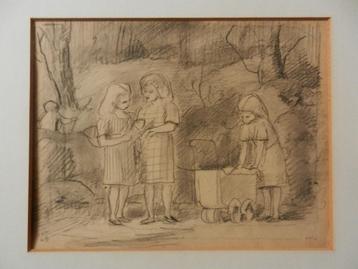 Tekening Meisjes in park Harm Kamerlingh Onnes 1948 15x19,5 beschikbaar voor biedingen