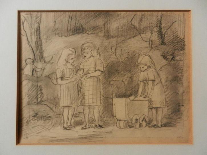 Tekening Meisjes in park Harm Kamerlingh Onnes 1948 15x19,5, Antiek en Kunst, Kunst | Tekeningen en Foto's, Ophalen of Verzenden
