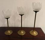Vintage Messing en Glas Tulpen Kandelaars - Set van 3, Huis en Inrichting, Woonaccessoires | Kandelaars en Kaarsen, Gebruikt, Brons of Koper