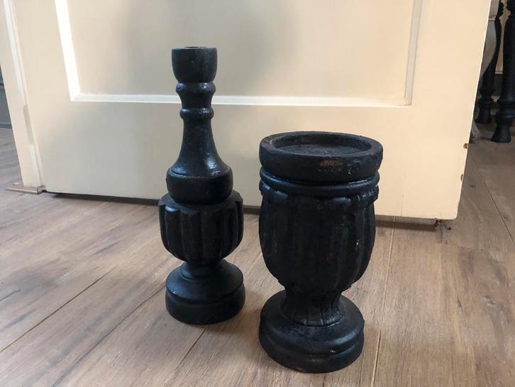 Zwarte Houten Kandelaren Set, Huis en Inrichting, Woonaccessoires | Kandelaars en Kaarsen, Zo goed als nieuw, Kandelaar, 25 tot 50 cm