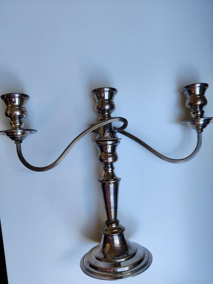 Verzilverde kandelaar, 3 arms, vintage, Antiek en Kunst, Antiek | Goud en Zilver, Zilver, Ophalen of Verzenden