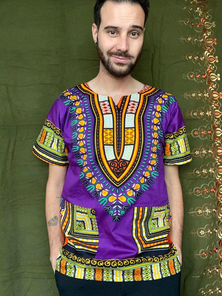 Dashiki shirt - paars - meerkleurig - African - M/medium, Kleding | Heren, T-shirts, Gedragen, Maat 48/50 (M), Paars, Ophalen of Verzenden
