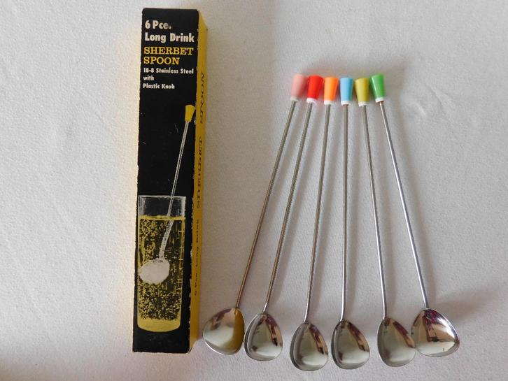 6 vintage longdrink- of sorbet-/dessertlepels van Sherbet Sp, Verzamelen, Retro, Overige typen, Ophalen of Verzenden