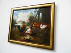 Een schilderij van een haan met 4 kippen en 2 kuikens, Ophalen of Verzenden