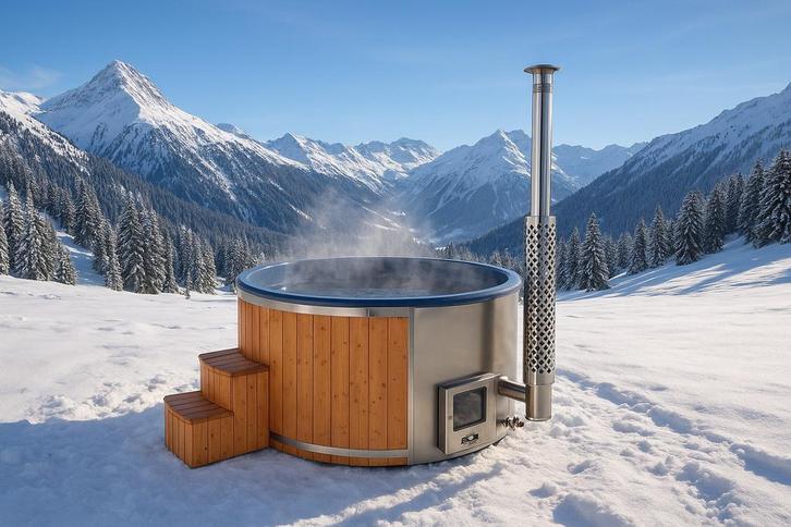 Nieuwe houtgestookte  hottub vol met luxe, Tuin en Terras, Bubbelbaden en Hottubs, Nieuw, Vast, Afdekzeil, Grondzeil, Pomp, Trap