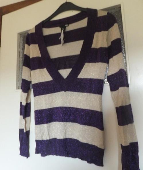Nieuw! Beige paars gestreepte lurex glans H&M trui, v hals., Kleding | Dames, Truien en Vesten, Nieuw, Maat 36 (S), Paars, Verzenden