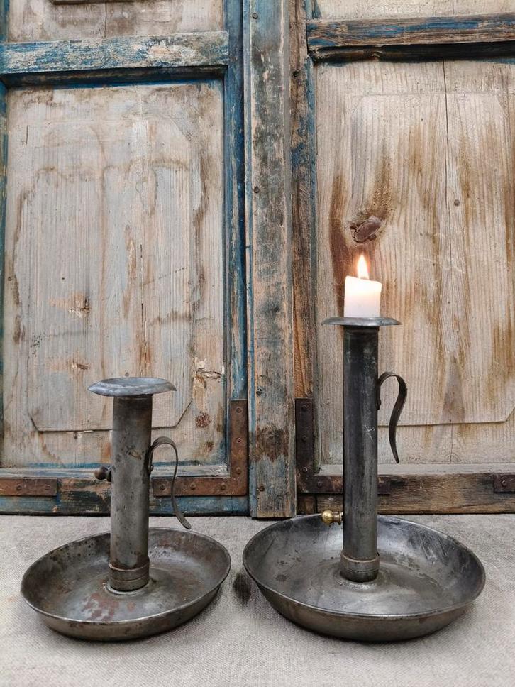 Oude Franse blikken kandelaar, Antiek en Kunst, Curiosa en Brocante, Ophalen of Verzenden