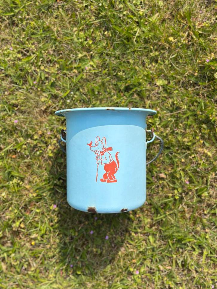 Vintage Emaille Luier Emmer met Hond Illustratie lichtblauw, Antiek en Kunst, Antiek | Emaille, Ophalen