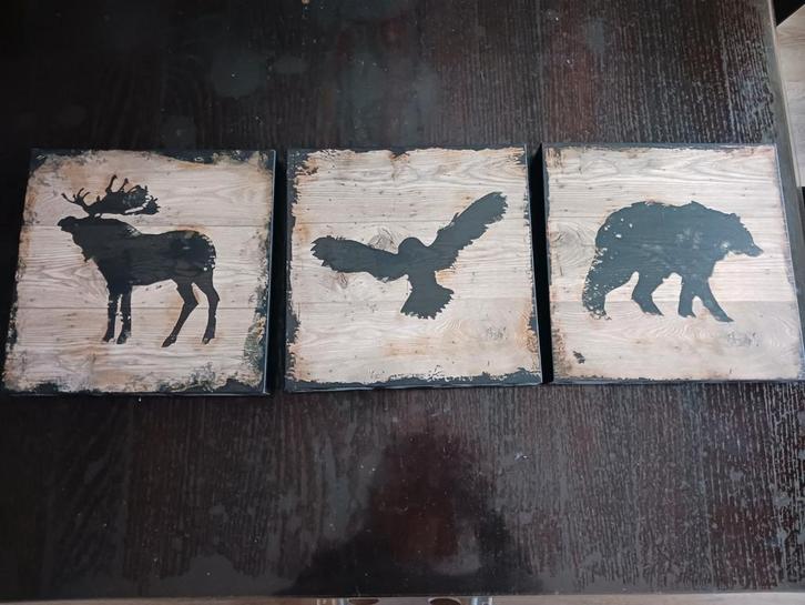 Set van 3 houten schilderijtjes met dieren 25x25 cm, Huis en Inrichting, Woonaccessoires | Schilderijen, Tekeningen en Foto's