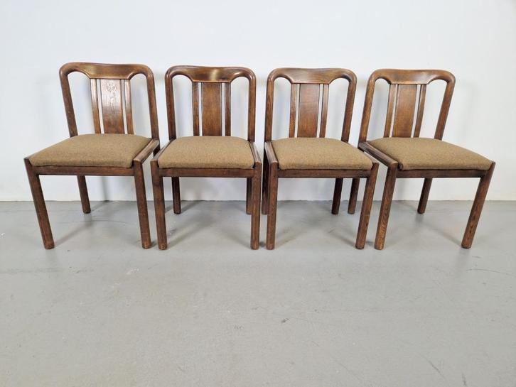 Seet 4 vintage brutalist eetkamerstoel ´70 mid century stoel, Huis en Inrichting, Stoelen, Zo goed als nieuw, Vier, Hout, Stof