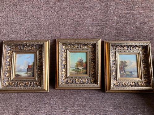 3 schilderijtjes van J. Stork in vintage lijst, Huis en Inrichting, Woonaccessoires | Schilderijen, Tekeningen en Foto's, Zo goed als nieuw