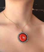 Grote koraal antieke gouden zilveren ketting hanger glas