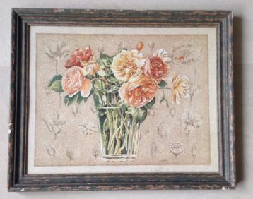Decoratieve vintage prent stilleven rozen in vaas gesigneerd beschikbaar voor biedingen