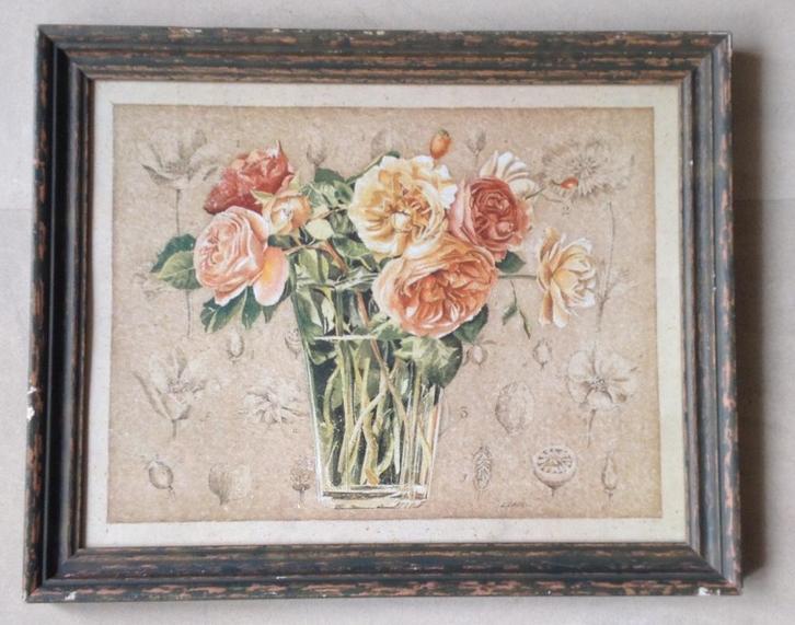 Decoratieve vintage prent stilleven rozen in vaas gesigneerd, Antiek en Kunst, Kunst | Litho's en Zeefdrukken, Verzenden