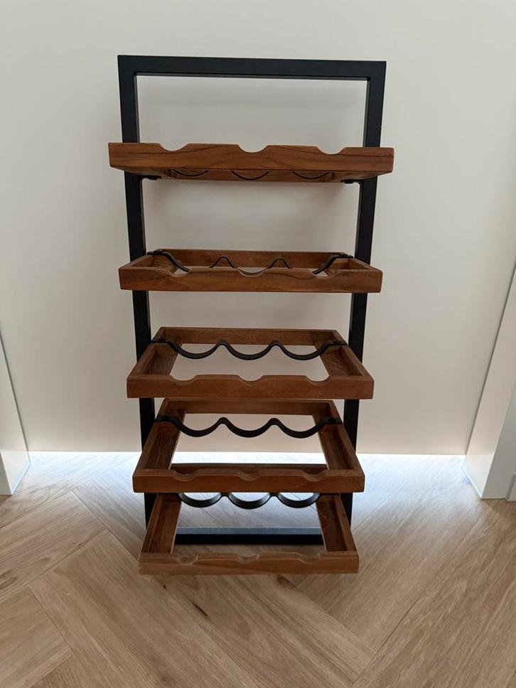 Hangend wijnrek - metalen frame met teakhout (15 flessen), Huis en Inrichting, Woonaccessoires | Wijnrekken, Zo goed als nieuw