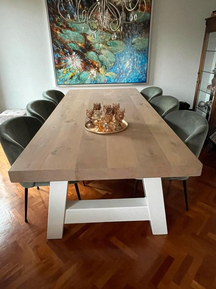 Handgemaakte zware eiken whitewash eettafel 240x110, Huis en Inrichting, Tafels | Eettafels, Zo goed als nieuw, 100 tot 150 cm