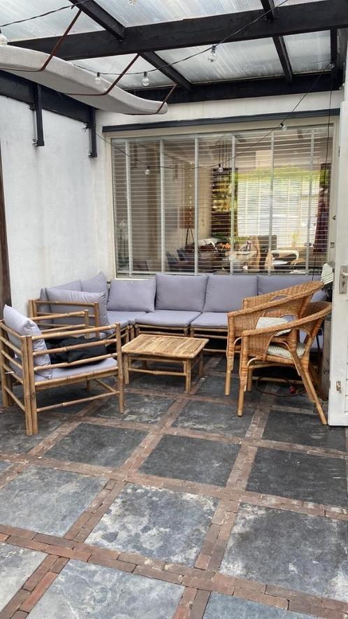 vidaXL 8-delige Loungeset met kussens bamboe lichtgrijs, Tuin en Terras, Tuinsets en Loungesets, Zo goed als nieuw, Loungeset
