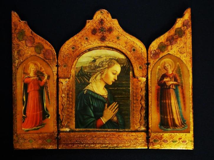 Drieluik Triptiek icoon naar Filippo Lippi Maria 2 engelen, Antiek en Kunst, Antiek | Religie, Ophalen of Verzenden