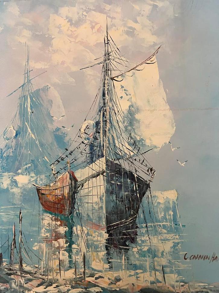 ImpressionistischSchilderij:Zeilschepen in mist/Connin Han, Antiek en Kunst, Kunst | Schilderijen | Klassiek, Ophalen of Verzenden