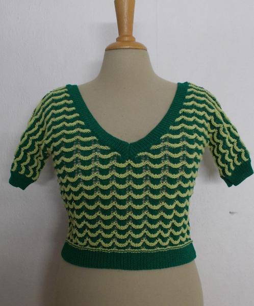 Vintage look groen/geel fijn gehaakt kort truitje! M, Kleding | Dames, Tops, Zo goed als nieuw, Maat 38/40 (M), Groen, Korte mouw