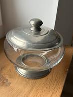 Zilvertin tin glazen pot met deksel snoeppot sier schaal, Antiek en Kunst, Antiek | Tin, Ophalen of Verzenden