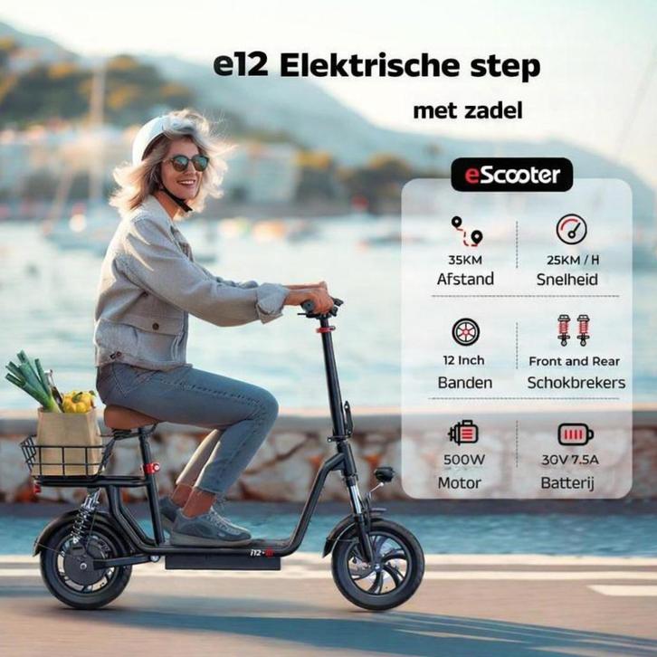 Elektrische e-scooter e-step e12 comfort zitje 25km/u 500w, Fietsen en Brommers, Steps, Nieuw, Elektrische step (E-scooter), Ophalen of Verzenden