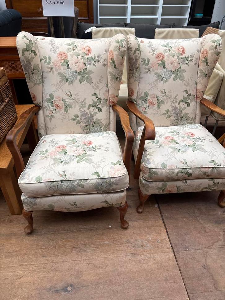 Vintage fauteuils met bloemenmotief, Huis en Inrichting, Fauteuils, Gebruikt, Hout, 75 tot 100 cm, Ophalen of Verzenden