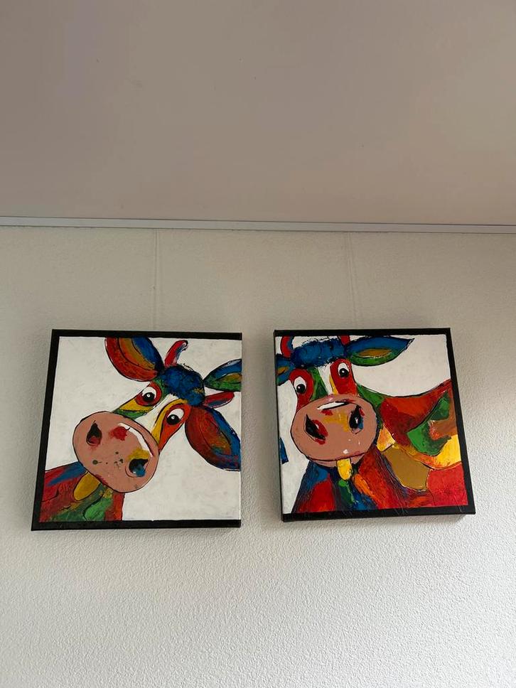Kleurrijke Koeien Schilderijen Set, Huis en Inrichting, Woonaccessoires | Schilderijen, Tekeningen en Foto's, Zo goed als nieuw