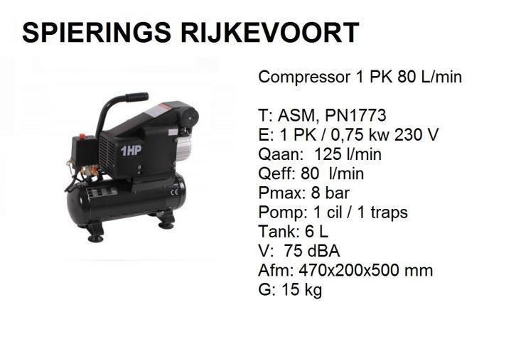 Compressor 1 PK 80 L/min Spierings Rijkevoort, Doe-het-zelf en Verbouw, Compressors, Nieuw, 6 tot 10 bar, Minder dan 25 liter