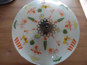 Mooie oude plafonnière melkglas rond 48 cm voor 2 lampen  beschikbaar voor biedingen