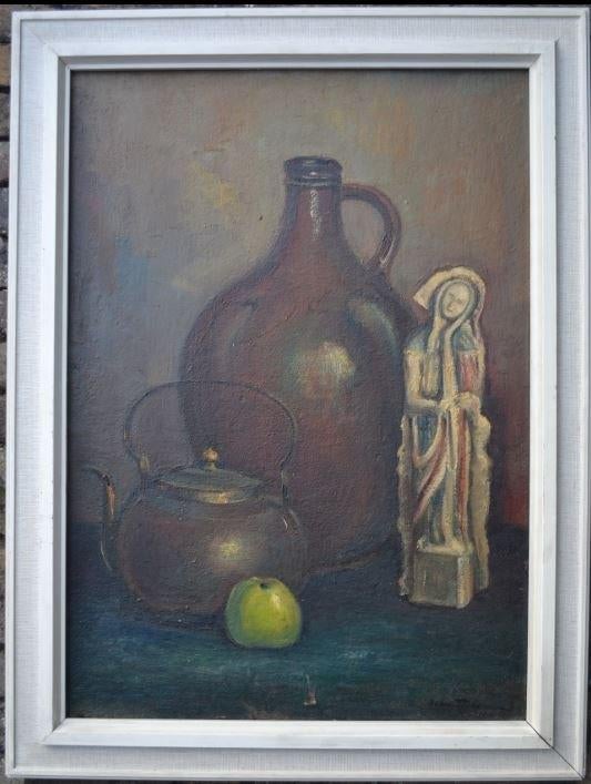 olieverf Ben Moonen 1944 stilleven ketel kruik appel beeld, Antiek en Kunst, Kunst | Schilderijen | Klassiek, Ophalen