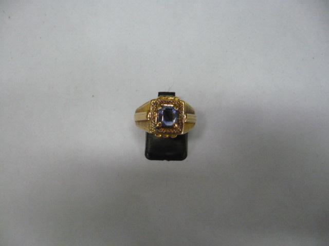 22 karaat gouden ring met blauwe steen 8.1 gr. maat 19-1/2, Sieraden, Tassen en Uiterlijk, Ringen, Gebruikt, Dame, 19 tot 20, Goud