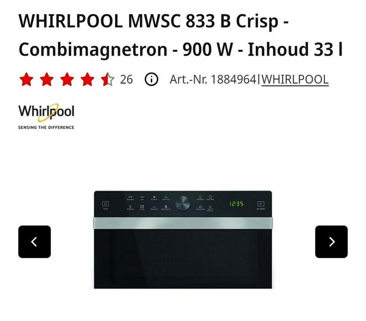 WHIRLPOOL Combimagnetron, Witgoed en Apparatuur, Magnetrons, Gebruikt, Vrijstaand, Combimagnetron, 45 tot 60 cm, Crisp, Ophalen